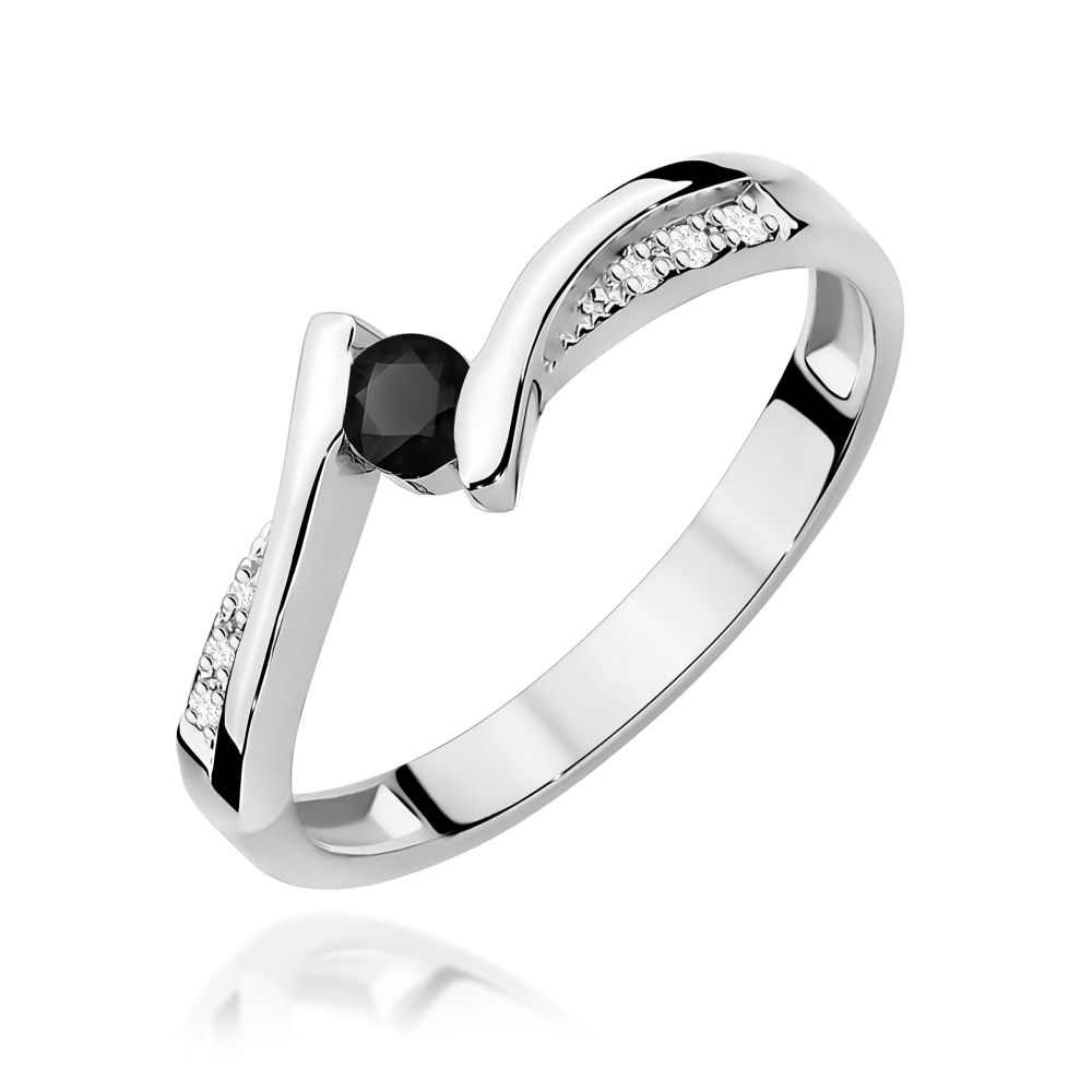 Pierścionek z czarnym diamentem 0,12 ct i brylantami, białe złoto 585