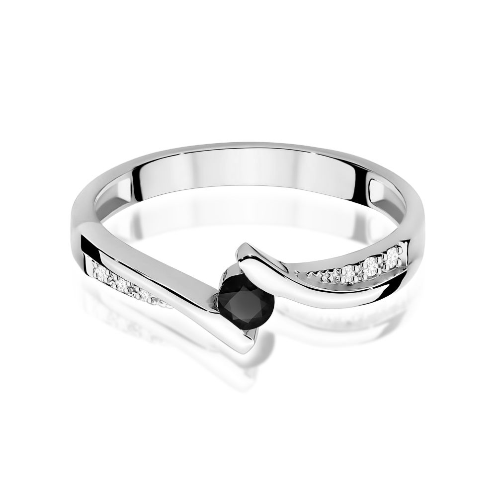 Pierścionek z czarnym diamentem 0,12 ct i brylantami, białe złoto 585