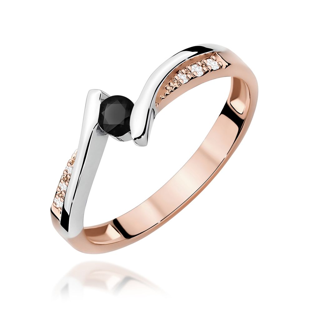 Pierścionek z czarnym diamentem 0,12 ct i brylantami, różowe złoto 585