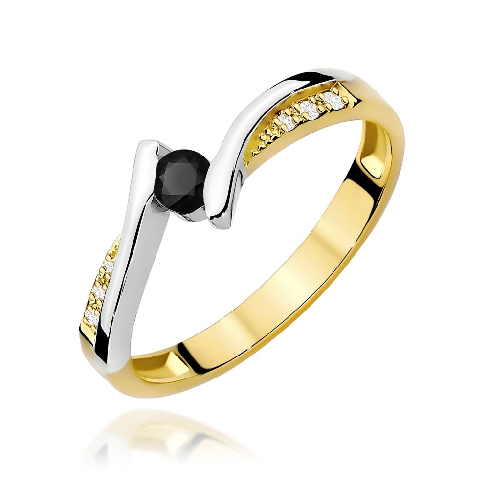 Pierścionek z czarnym diamentem 0,12 ct i brylantami, żółte złoto 585