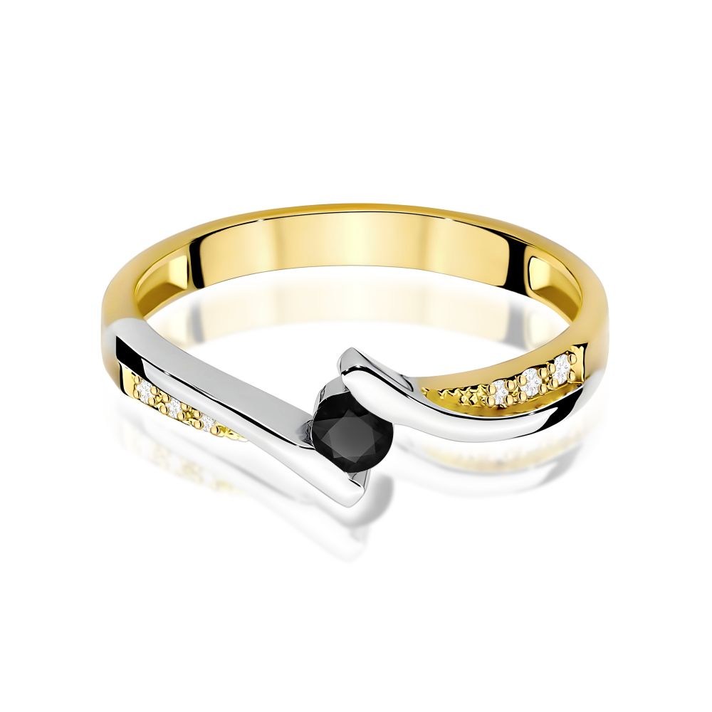 Pierścionek z czarnym diamentem 0,12 ct i brylantami, żółte złoto 585