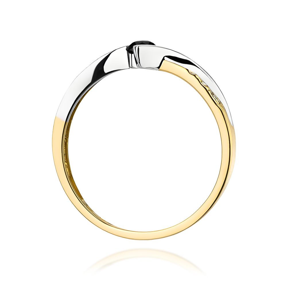 Pierścionek z czarnym diamentem 0,12 ct i brylantami, żółte złoto 585