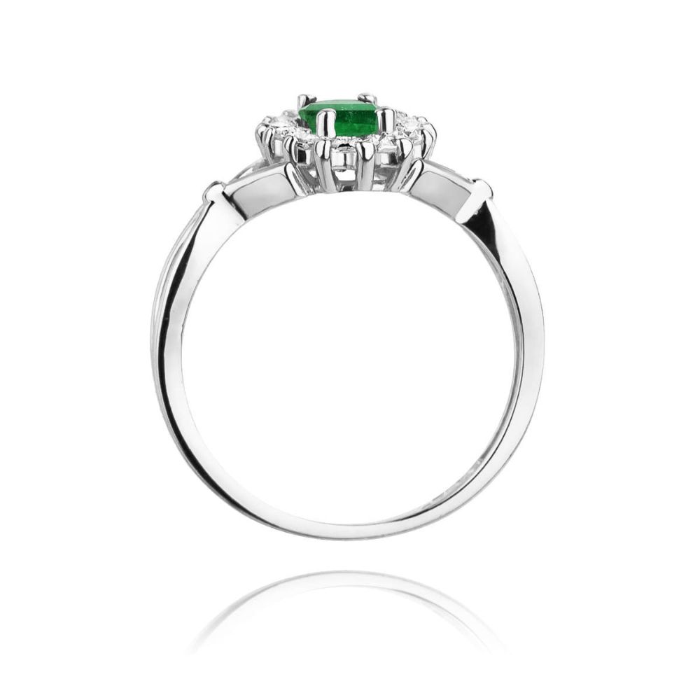 Pierścionek ze szmaragdem 0,80 ct i brylantami, białe złoto 585