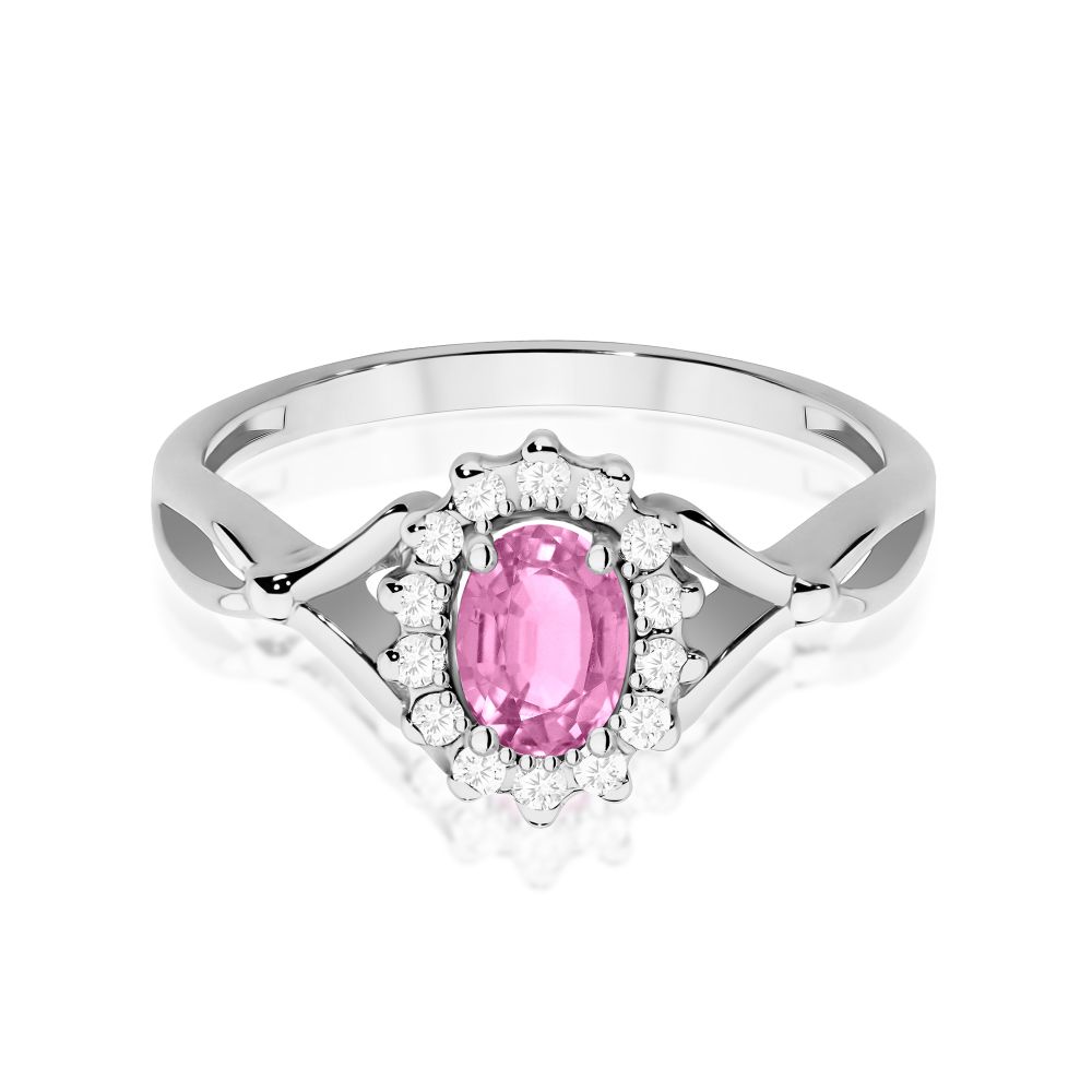 Pierścionek z różowym szafirem 0,45 ct i brylantami, białe złoto 585