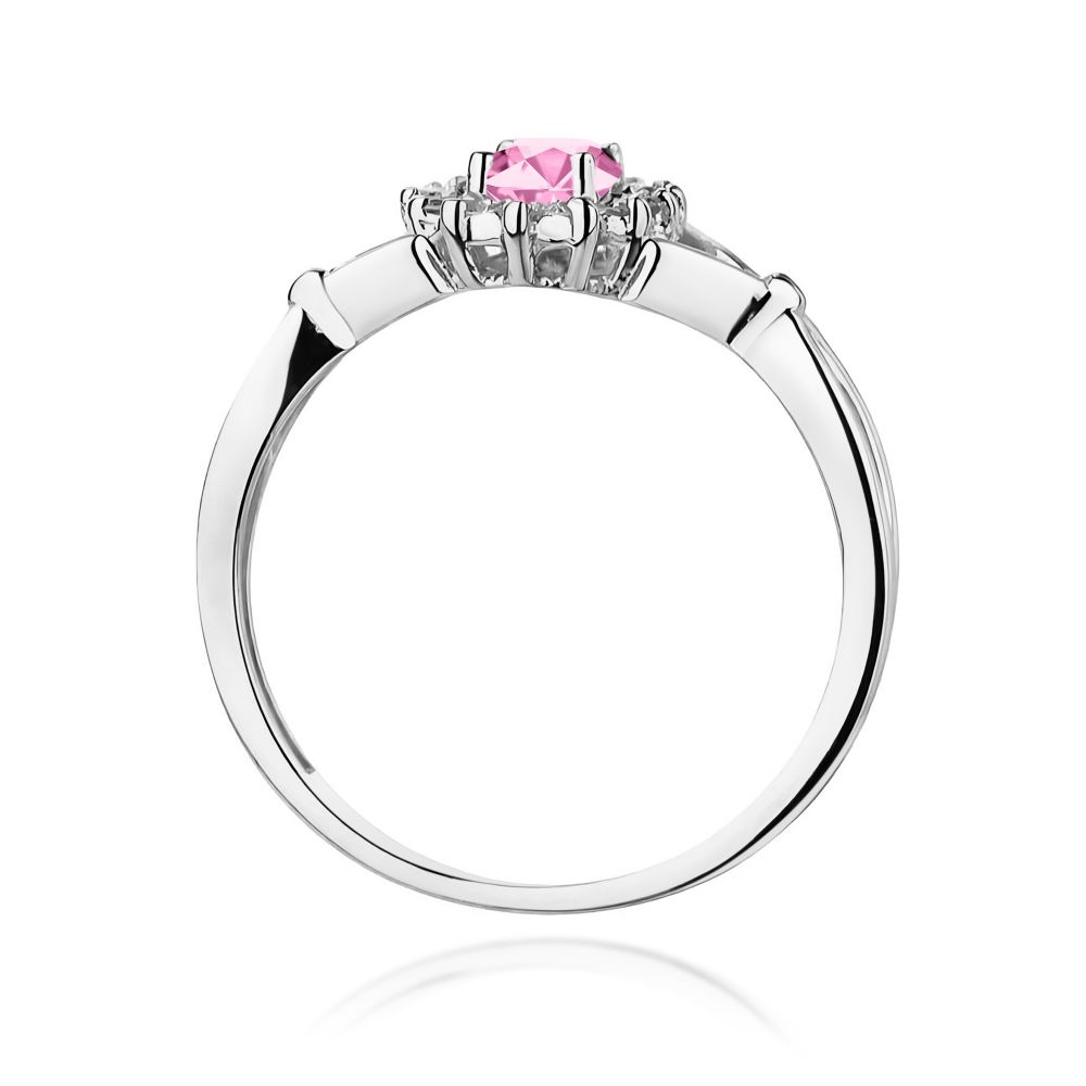 Pierścionek z różowym szafirem 0,45 ct i brylantami, białe złoto 585