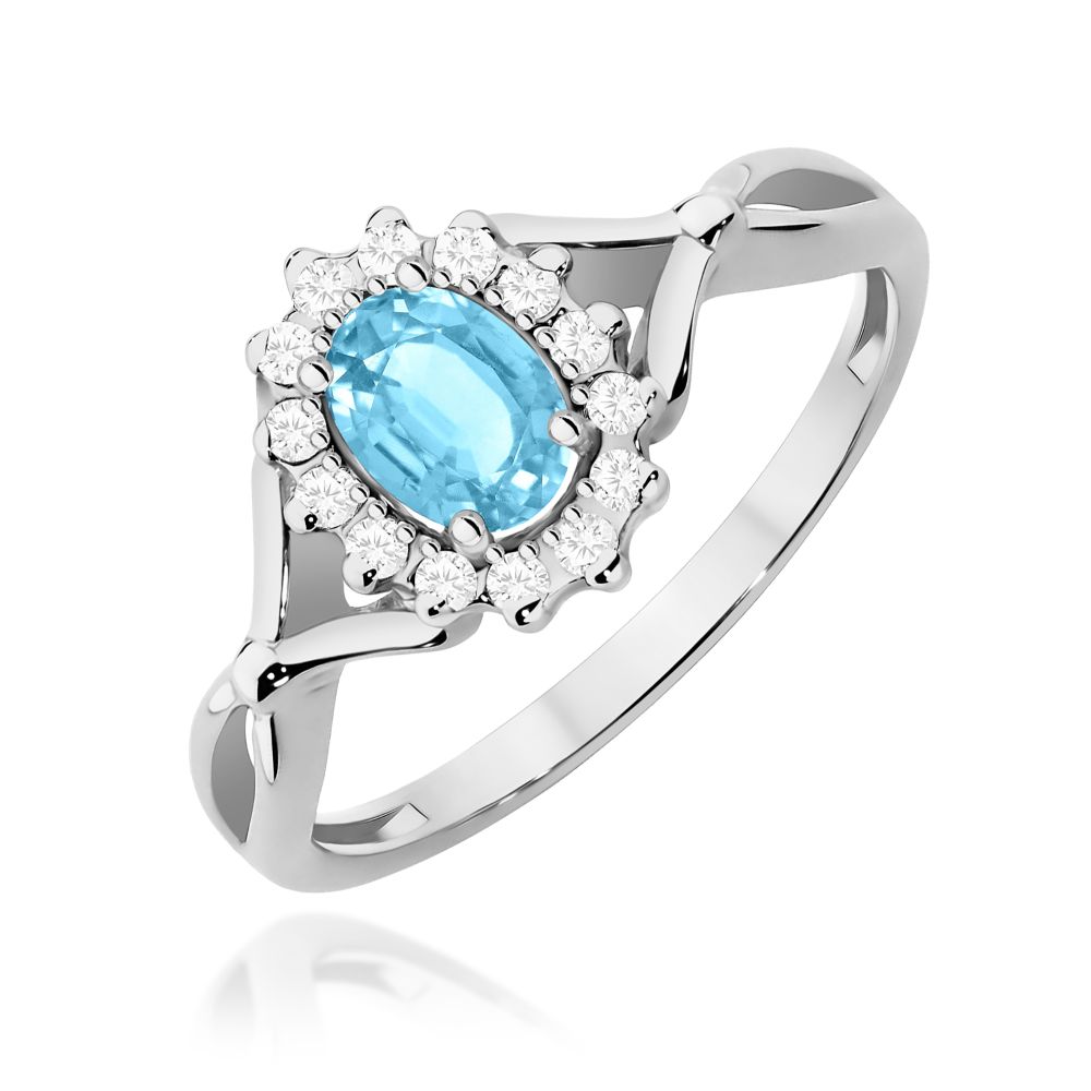 Pierścionek z topazem Swiss Blue 0,50 ct i brylantami, białe złoto 585
