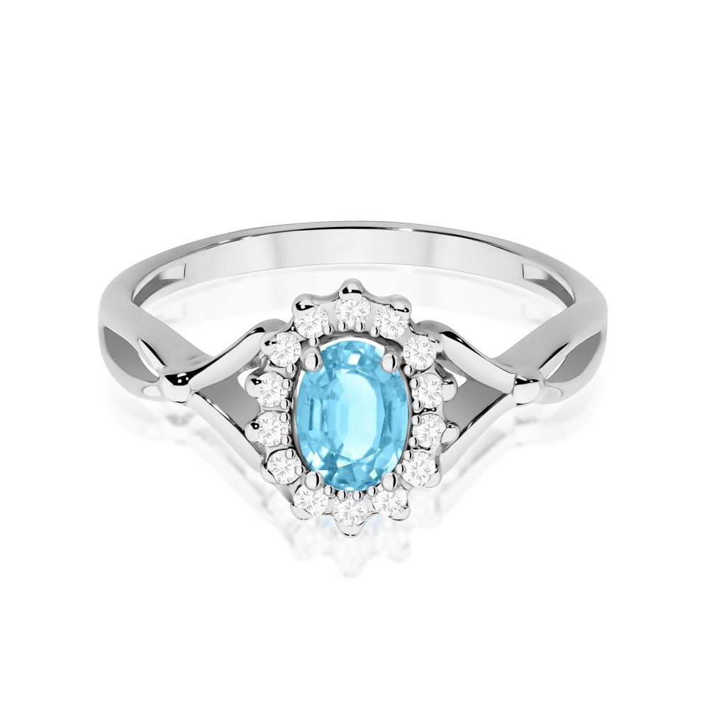 Pierścionek z topazem Swiss Blue 0,50 ct i brylantami, białe złoto 585