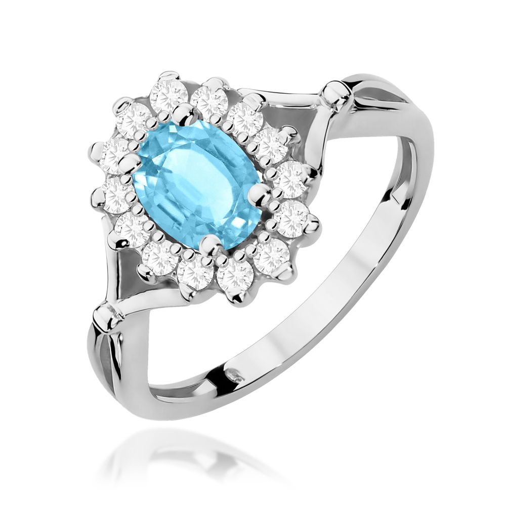 Pierścionek z topazem Swiss Blue 0,90 ct i brylantami, białe złoto 585
