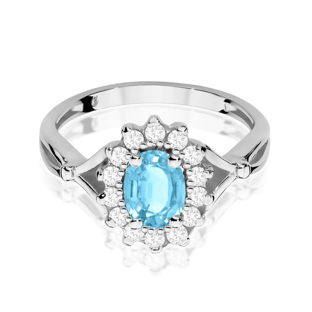 Pierścionek z topazem Swiss Blue 0,90 ct i brylantami, białe złoto 585