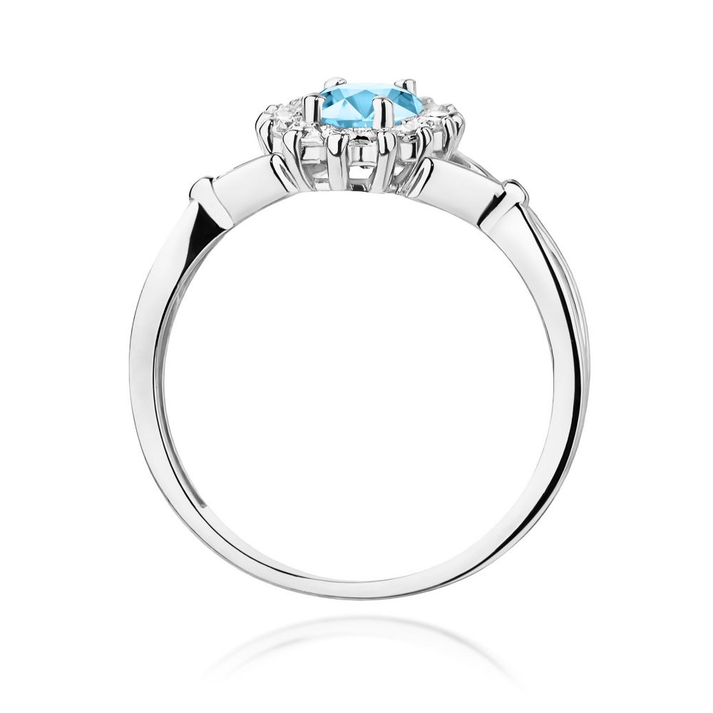 Pierścionek z topazem Swiss Blue 0,90 ct i brylantami, białe złoto 585