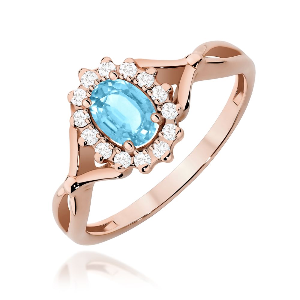 Pierścionek z topazem Swiss Blue 0,50 ct i brylantami, różowe złoto 585