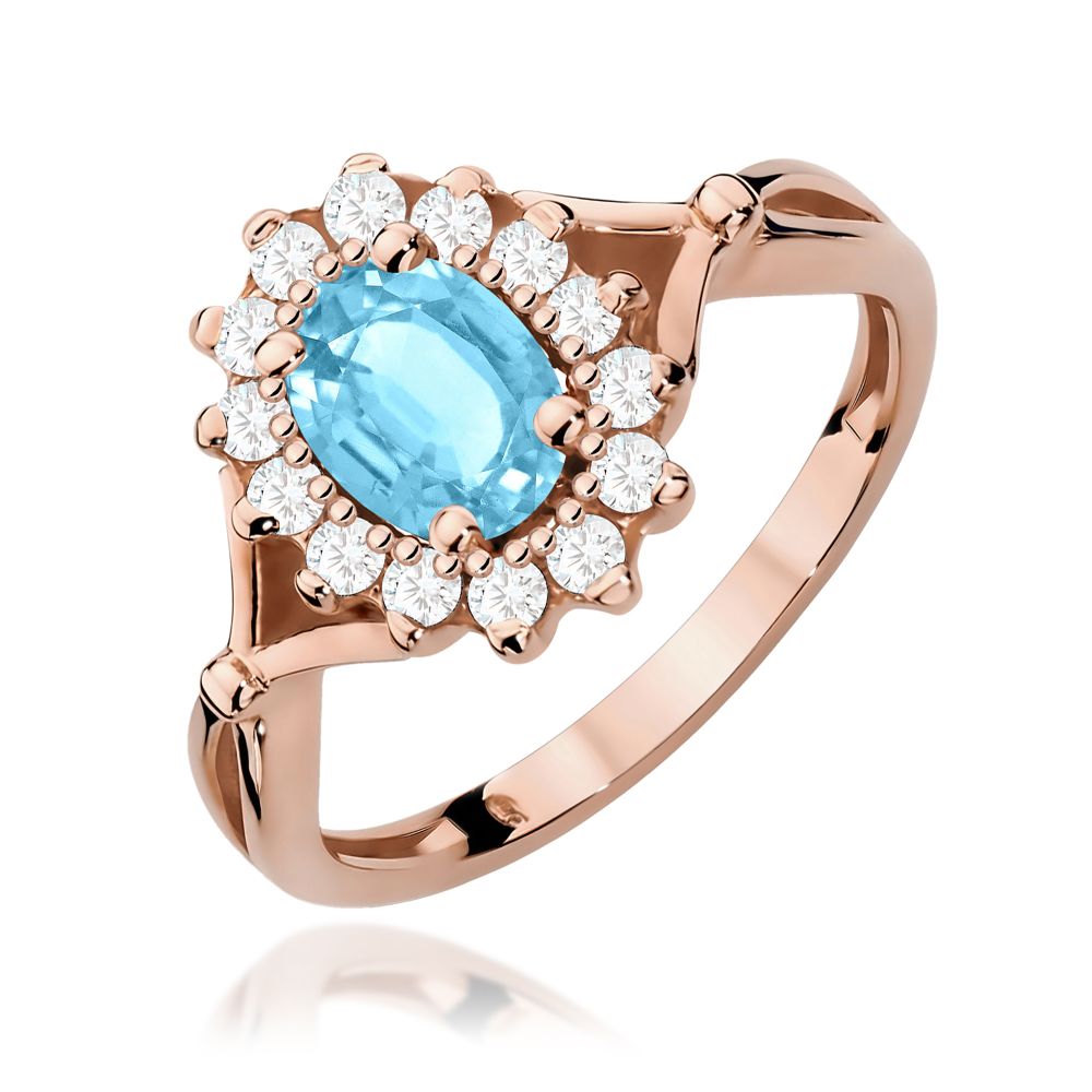 Pierścionek z topazem Swiss Blue 0,90 ct i brylantami, różowe złoto 585