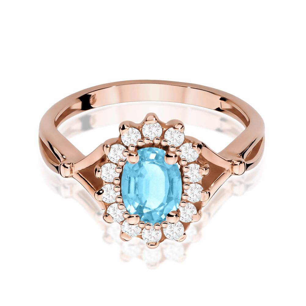 Pierścionek z topazem Swiss Blue 0,90 ct i brylantami, różowe złoto 585