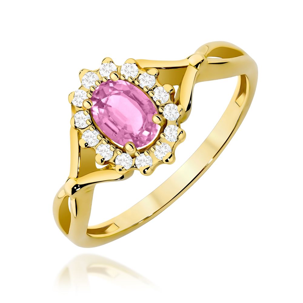 Pierścionek z różowym szafirem 0,45 ct i brylantami, żółte złoto 585