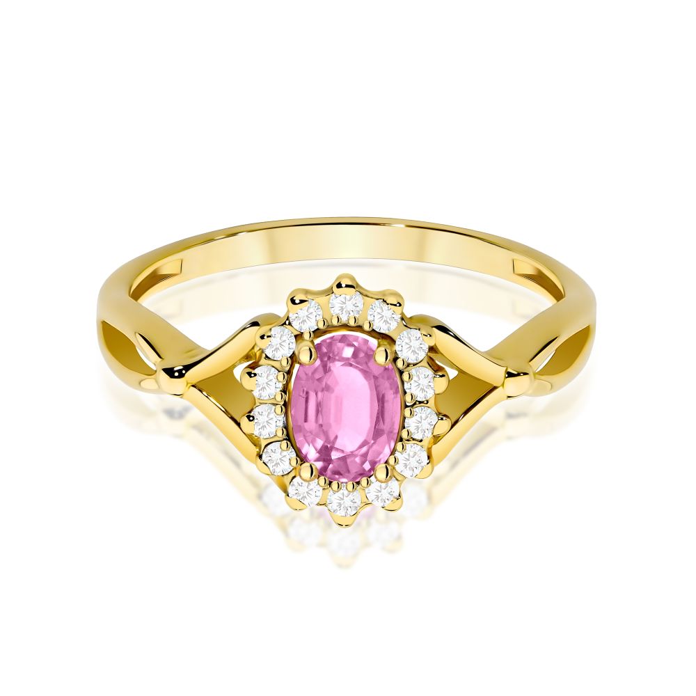 Pierścionek z różowym szafirem 0,45 ct i brylantami, żółte złoto 585