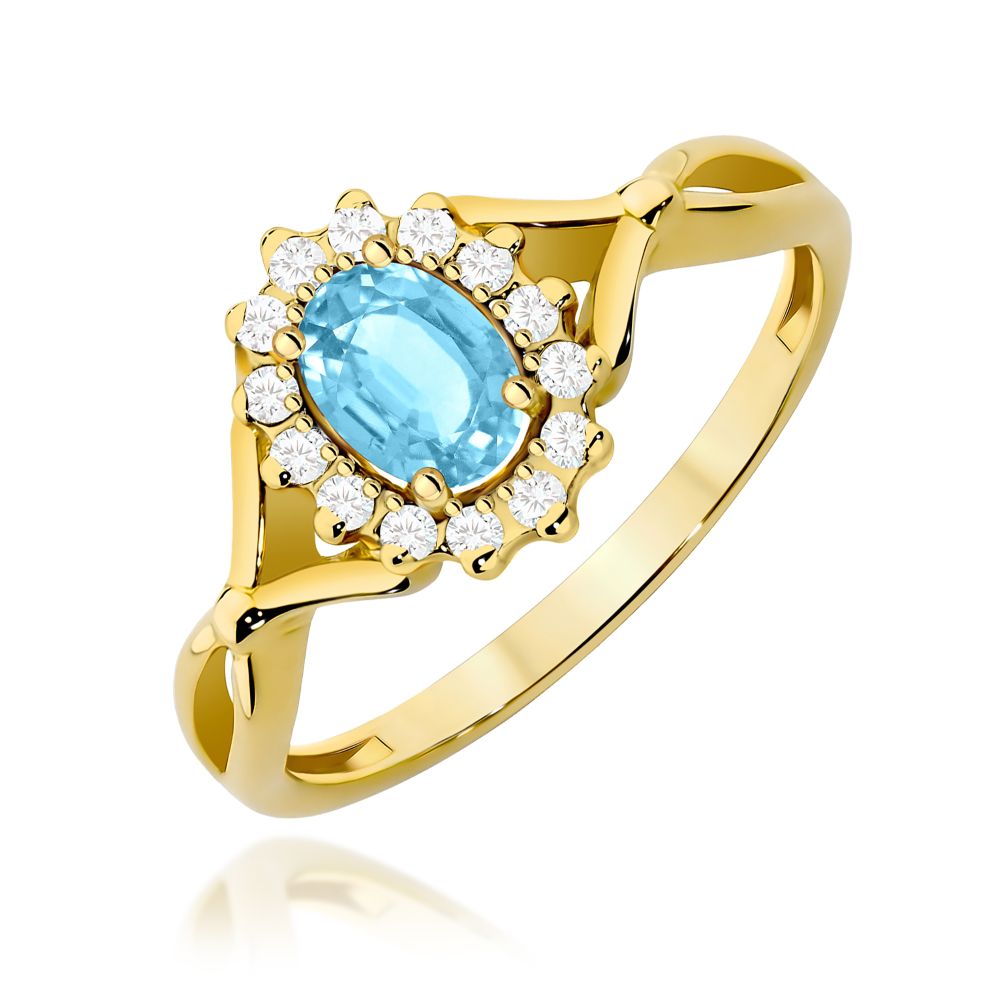 Pierścionek z topazem Swiss Blue 0,50 ct i brylantami, żółte złoto 585