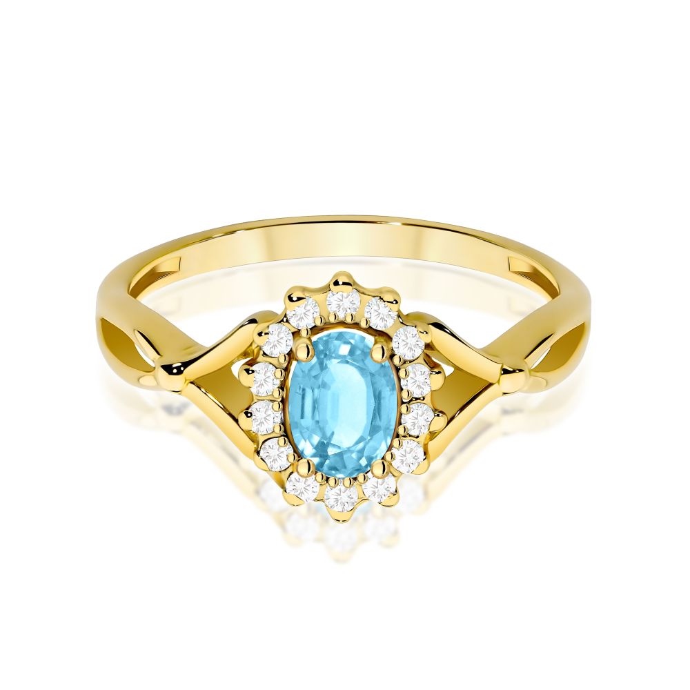 Pierścionek z topazem Swiss Blue 0,50 ct i brylantami, żółte złoto 585
