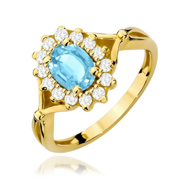 Pierścionek z topazem Swiss Blue 0,90 ct i brylantami, żółte złoto 585