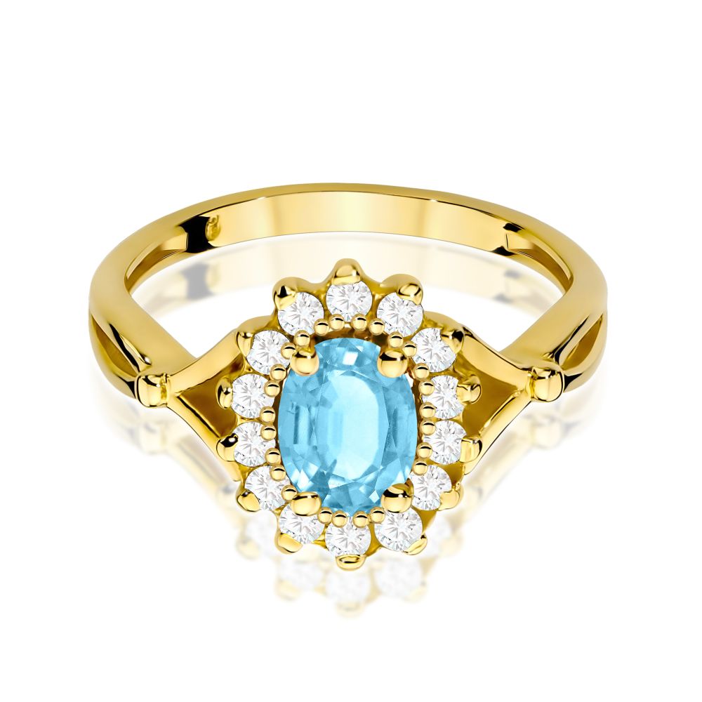 Pierścionek z topazem Swiss Blue 0,90 ct i brylantami, żółte złoto 585