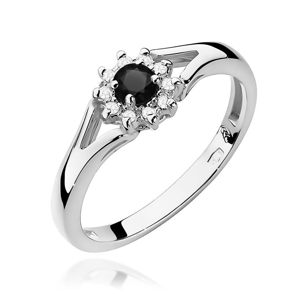 Pierścionek z czarnym diamentem 0,12 ct i brylantami, białe złoto 585