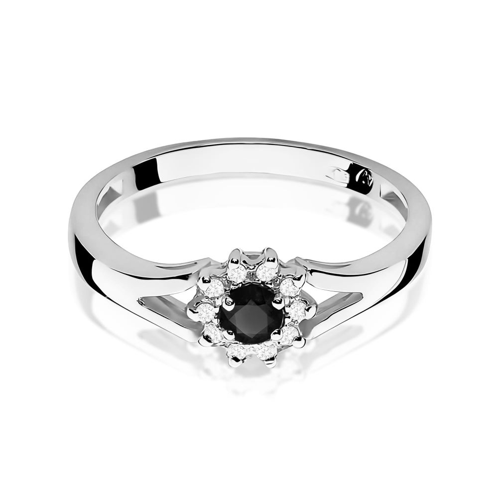Pierścionek z czarnym diamentem 0,12 ct i brylantami, białe złoto 585