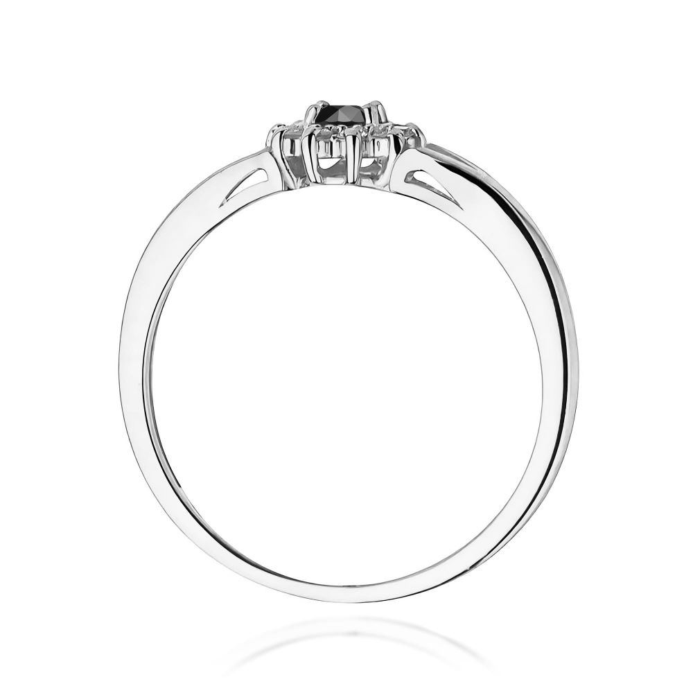 Pierścionek z czarnym diamentem 0,12 ct i brylantami, białe złoto 585
