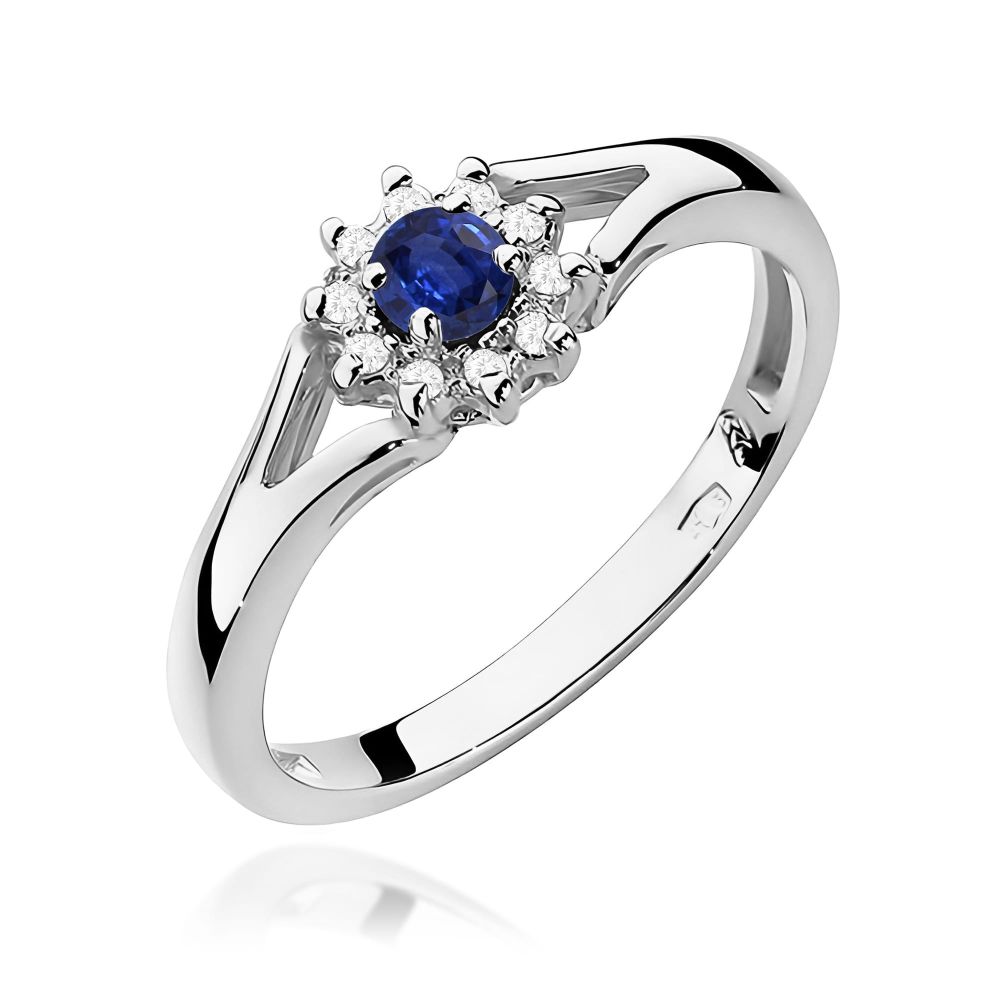 Pierścionek ze szafirem 0,15 ct i brylantami, białe złoto 585