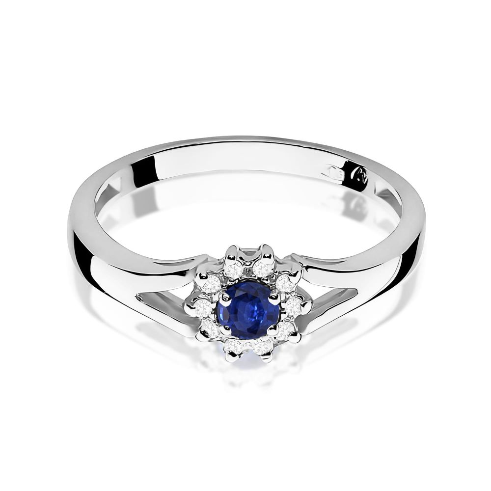 Pierścionek ze szafirem 0,15 ct i brylantami, białe złoto 585