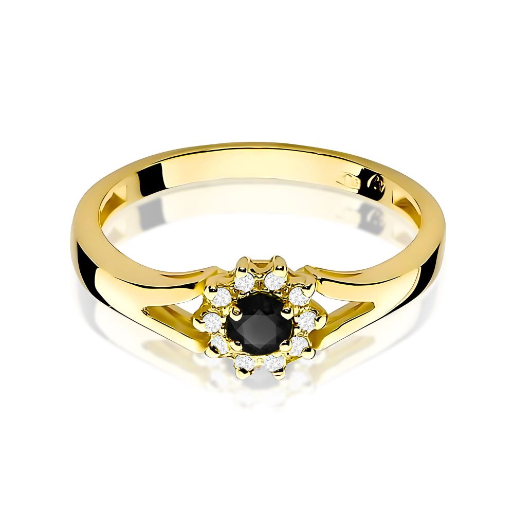 Pierścionek z czarnym diamentem 0,12 ct i brylantami, żółte złoto 585