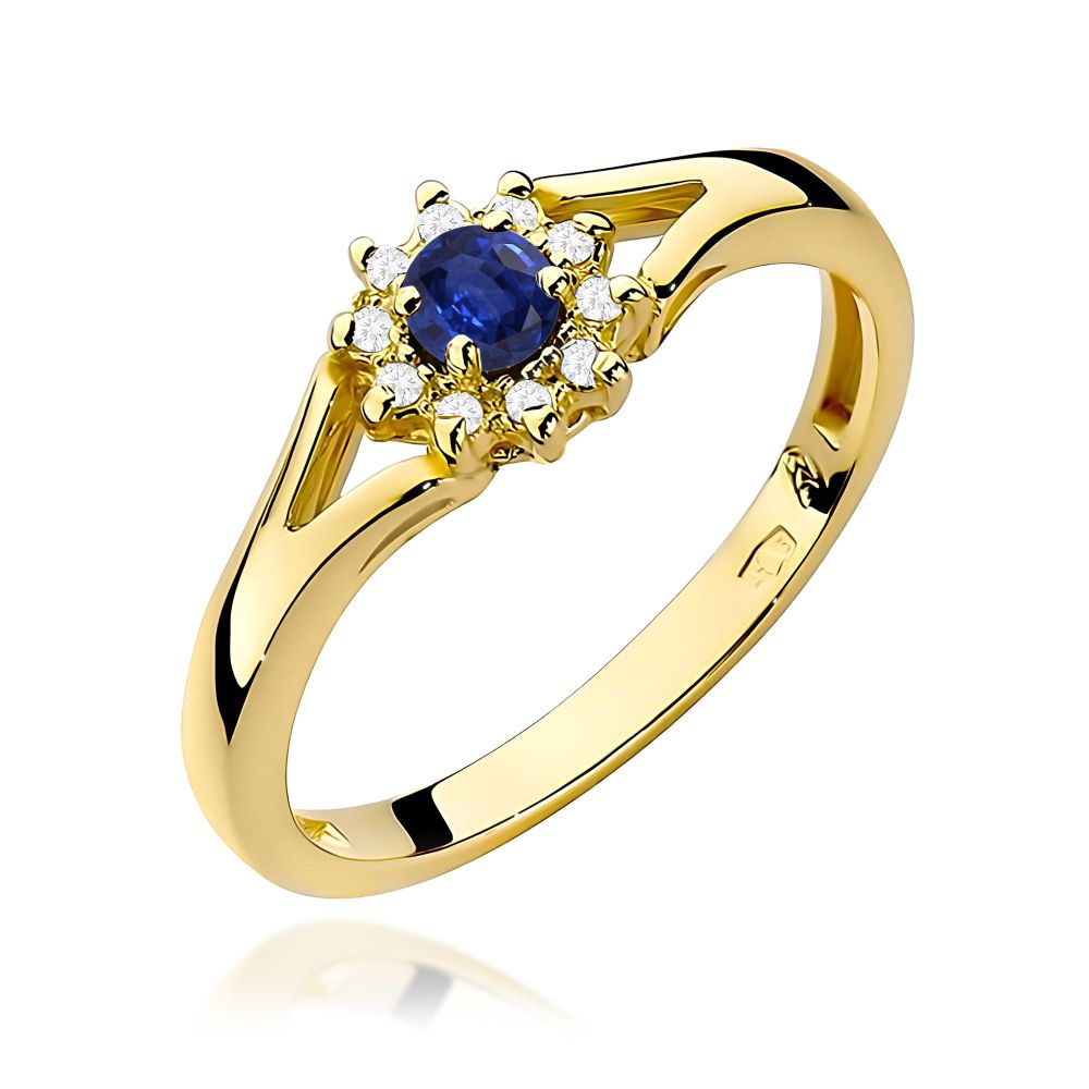 Pierścionek ze szafirem 0,15 ct i brylantami, żółte złoto 585