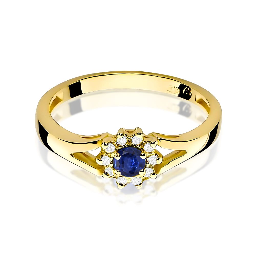 Pierścionek ze szafirem 0,15 ct i brylantami, żółte złoto 585