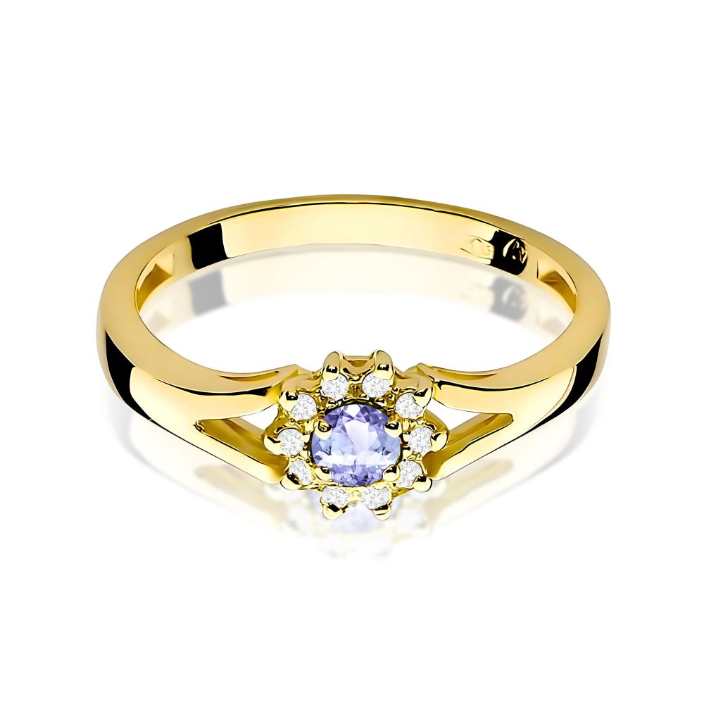 Pierścionek z tanzanitem 0,15 ct i brylantami, żółte złoto 585