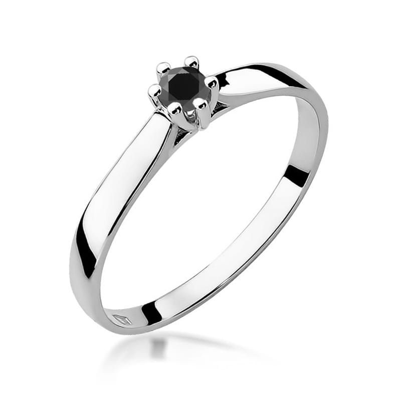 Pierścionek z czarnym diamentem 0,12 ct, białe złoto 585