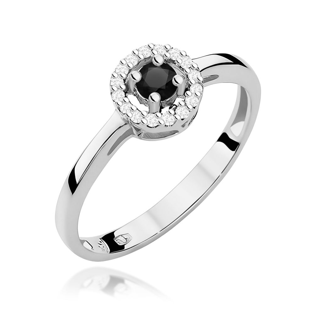 Pierścionek z czarnym diamentem 0,12 ct i brylantami, białe złoto 585