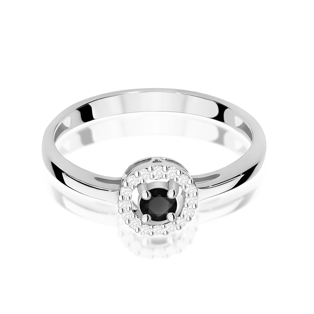 Pierścionek z czarnym diamentem 0,12 ct i brylantami, białe złoto 585