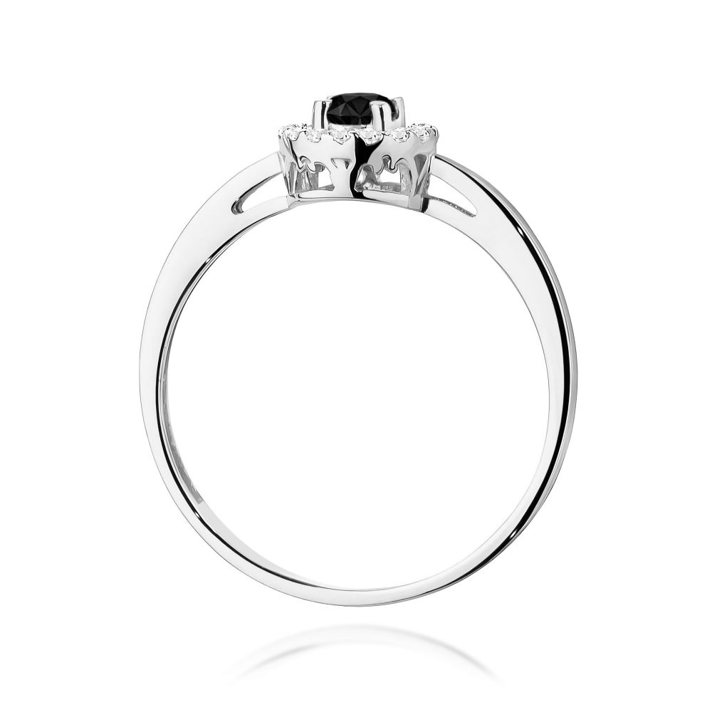 Pierścionek z czarnym diamentem 0,12 ct i brylantami, białe złoto 585