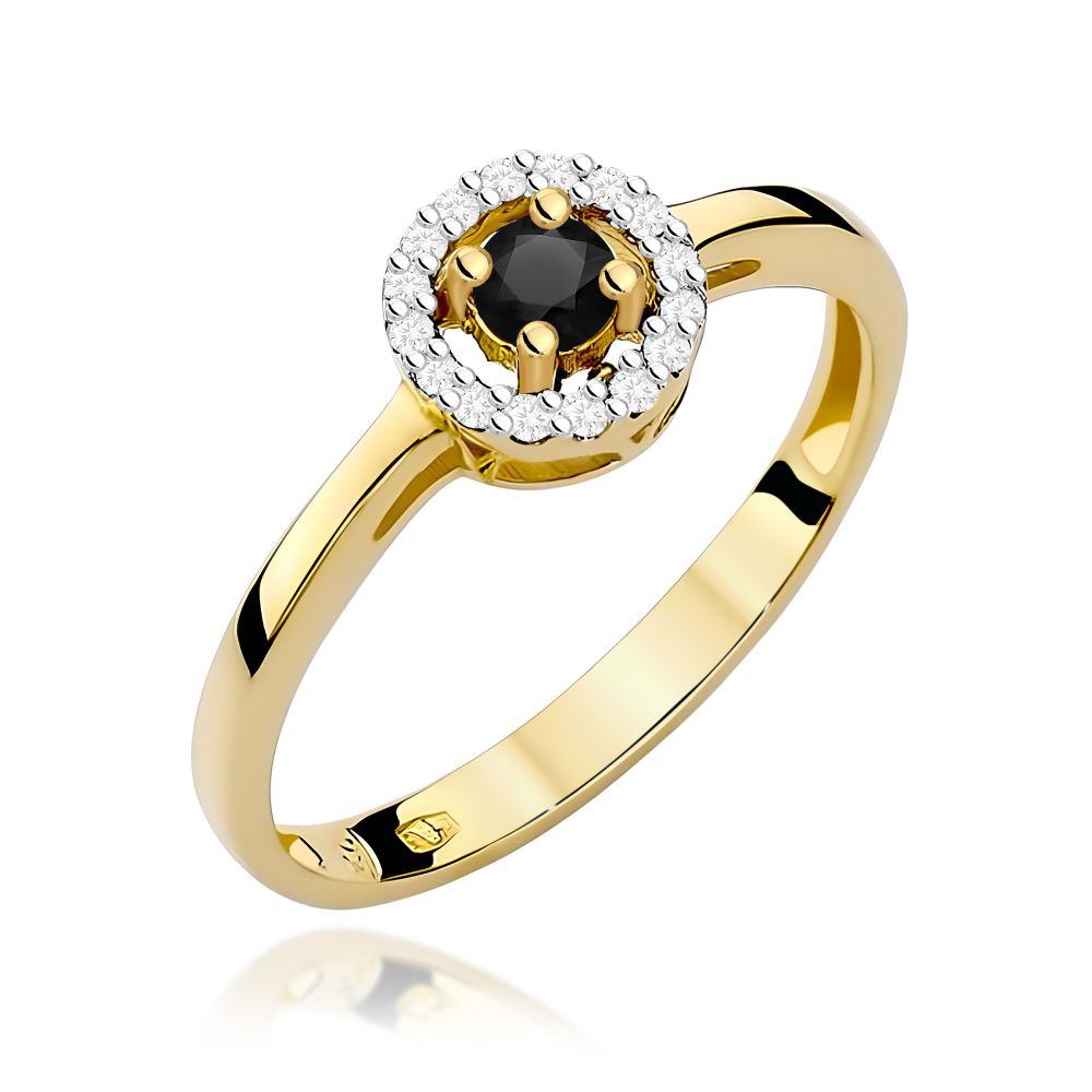 Pierścionek z czarnym diamentem 0,12 ct i brylantami, żółte złoto 585