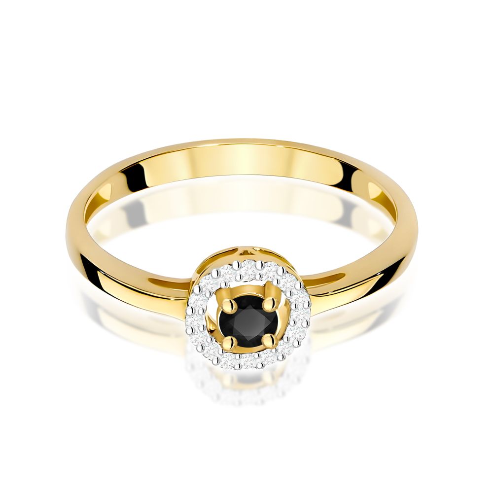 Pierścionek z czarnym diamentem 0,12 ct i brylantami, żółte złoto 585