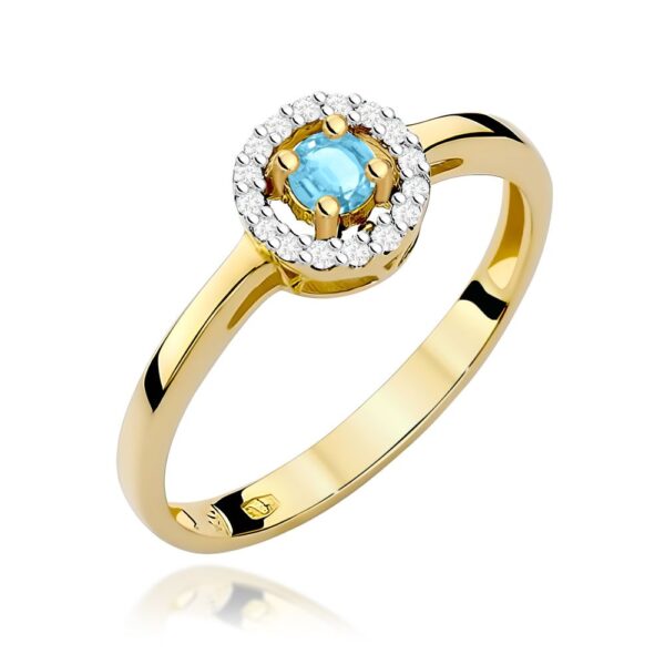 Pierścionek z topazem Swiss Blue 0,15 ct i brylantami, żółte złoto 585