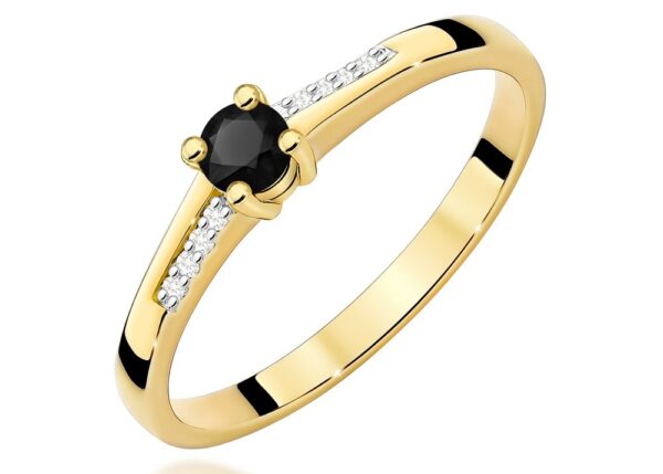 Pierścionek z czarnym diamentem 0,12 ct i brylantami, żółte złoto 585