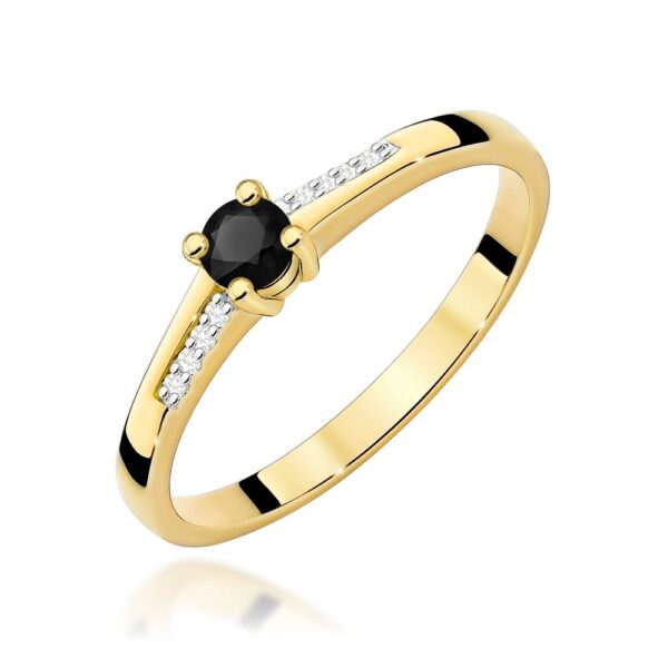 Pierścionek z czarnym diamentem 0,12 ct i brylantami, żółte złoto 585