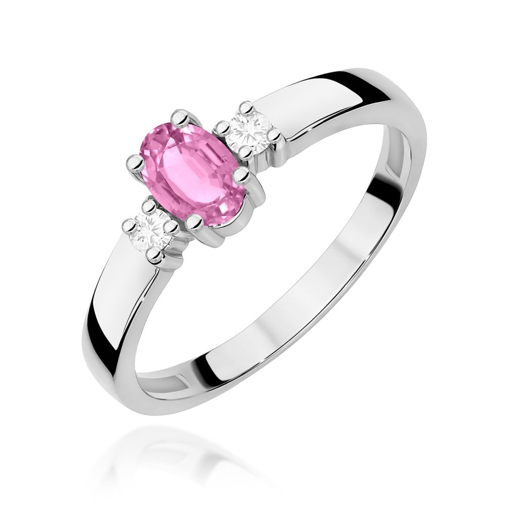 Pierścionek z różowym szafirem 0,45 ct i brylantami, białe złoto 585