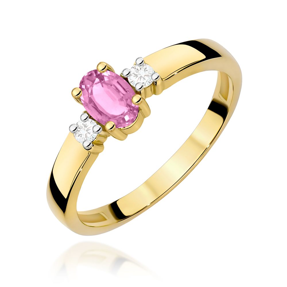 Pierścionek z różowym szafirem 0,45 ct i brylantami, żółte złoto 585