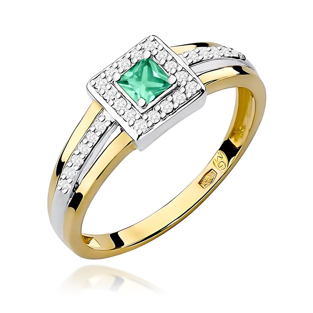 Pierścionek ze szmaragdem 0,15 ct i brylantami, żółte złoto 585