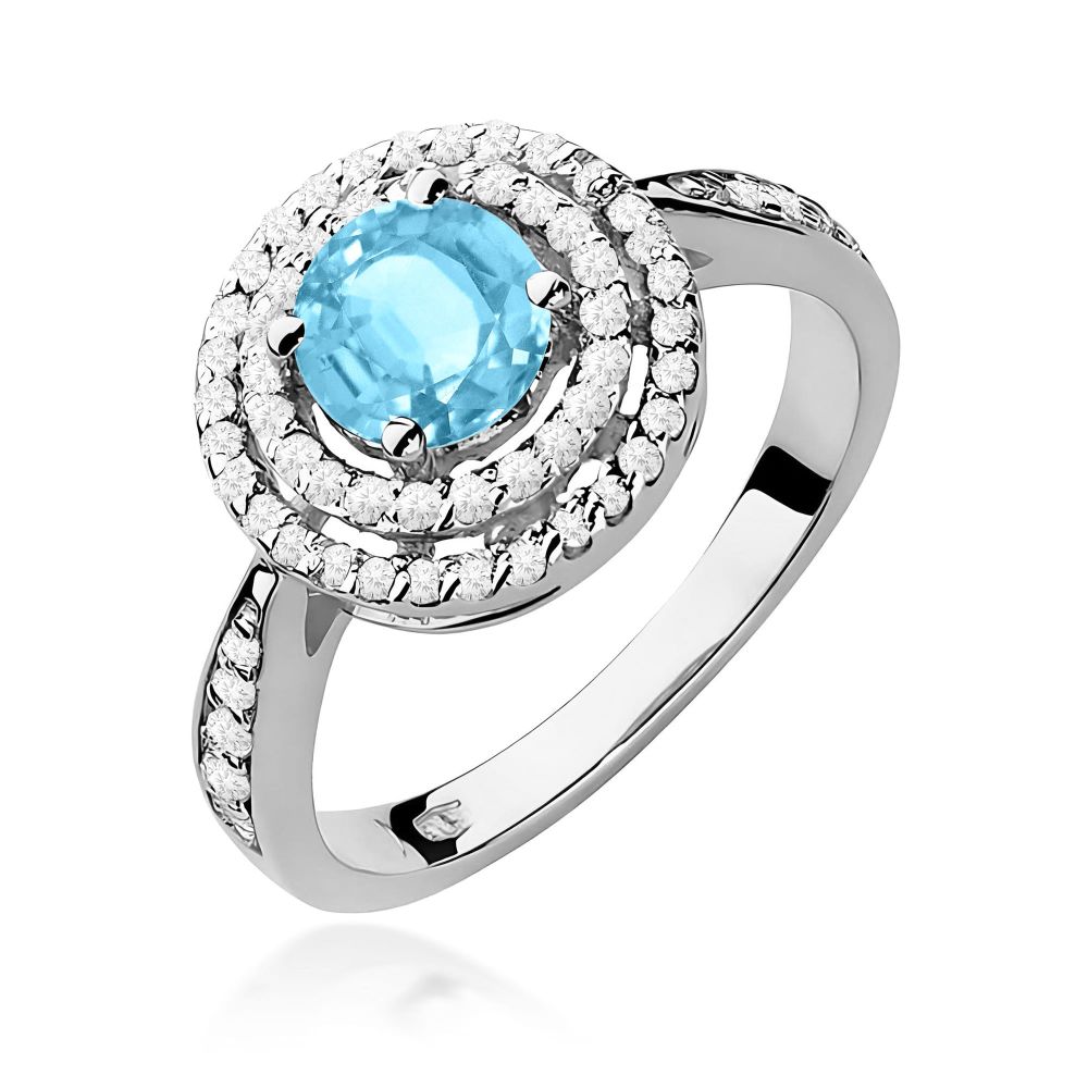 Pierścionek z topazem Swiss Blue 0,80 ct i brylantami, białe złoto 585