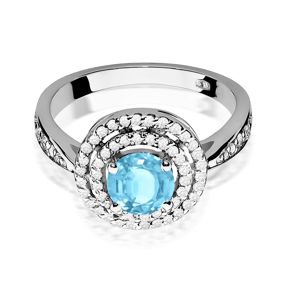 Pierścionek z topazem Swiss Blue 0,80 ct i brylantami, białe złoto 585