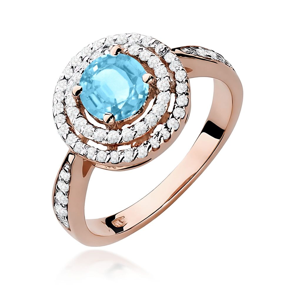 Pierścionek z topazem Swiss Blue 0,80 ct i brylantami, różowe złoto 585