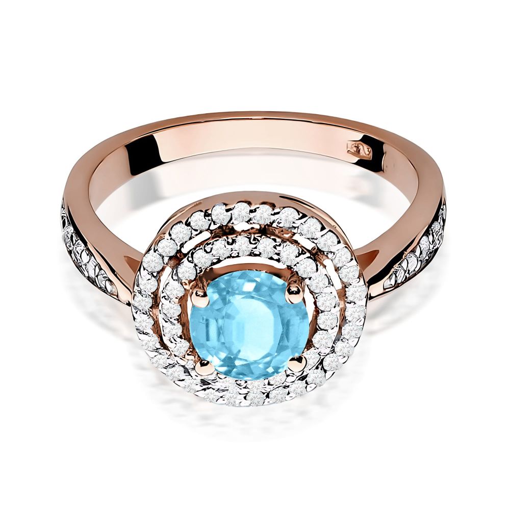 Pierścionek z topazem Swiss Blue 0,80 ct i brylantami, różowe złoto 585