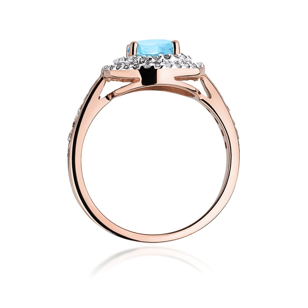 Pierścionek z topazem Swiss Blue 0,80 ct i brylantami, różowe złoto 585