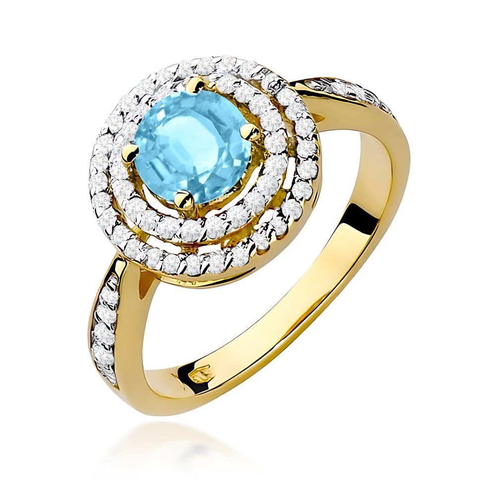 Pierścionek z topazem Swiss Blue 0,80 ct i brylantami, żółte złoto 585